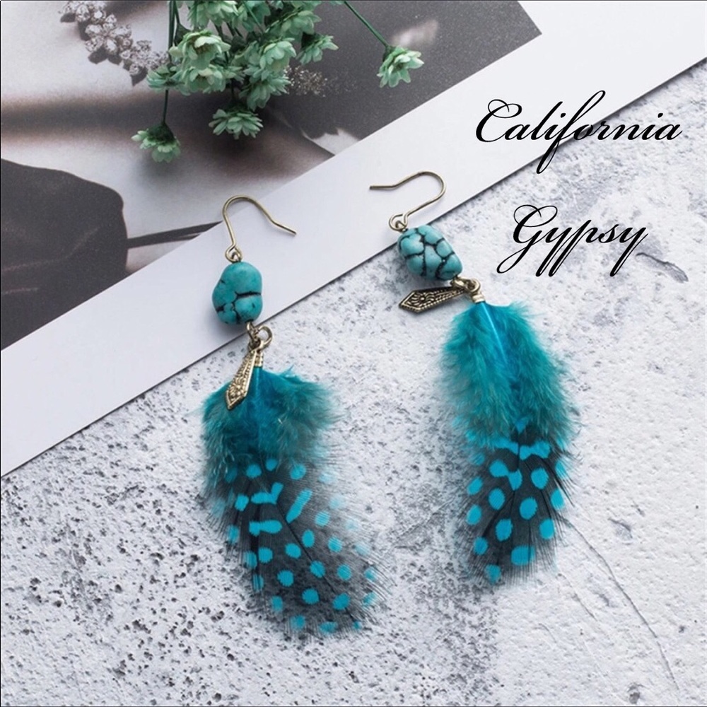 Boho turquoise feather statement earrings🌸✨